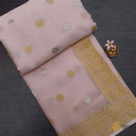 Light Baby Pink Pure Georgette Banarasi Handloom Saree - Tilfi
