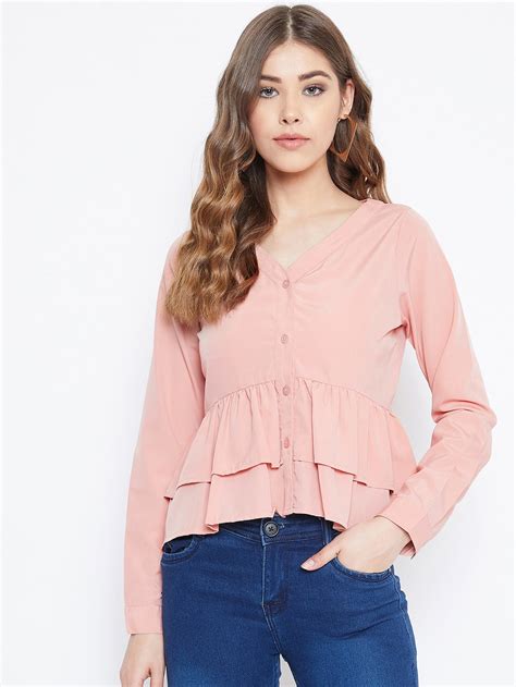 Women Solid Pink V-Neck Tiered Peplum Top - Berrylush