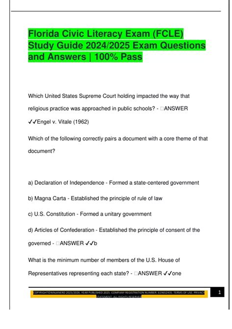 Florida Civic Literacy Exam (FCLE) Study Guide 2024/2025 Exam Questions ...