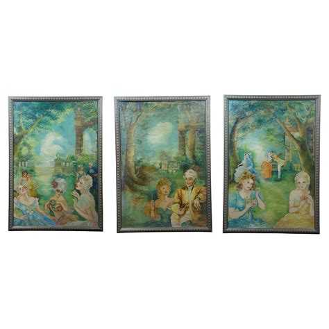3 Vintage French Colonial Court Garden Party Scene Oil Paintings on Board 50" For Sale at 1stDibs