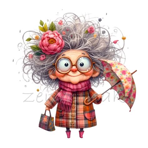 12 Granny Clip Art PNG, Fun Elderly Woman Illustration With Floral Hair ...