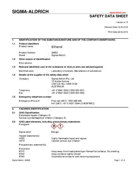 Ethanol SDS for all chemistry practicals - SIGMA-ALDRICH sigma-aldrich ...