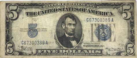 >1934A United States Silver Certificate $5 Blue Seal Note W/Out Motto ...
