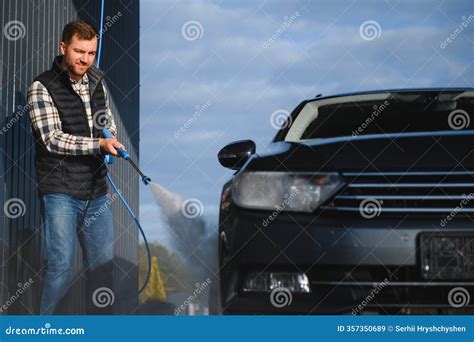 Car Wash. Man Washes Car with Water from High Pressure Washer Stock Image - Image of care, foam ...