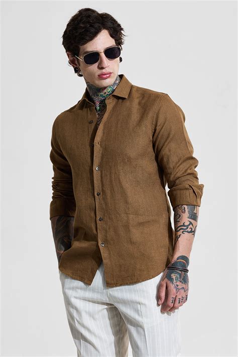 Buy Men's Brown Slim Fit 100% Linen Shirt Online | Snitch – SNITCH