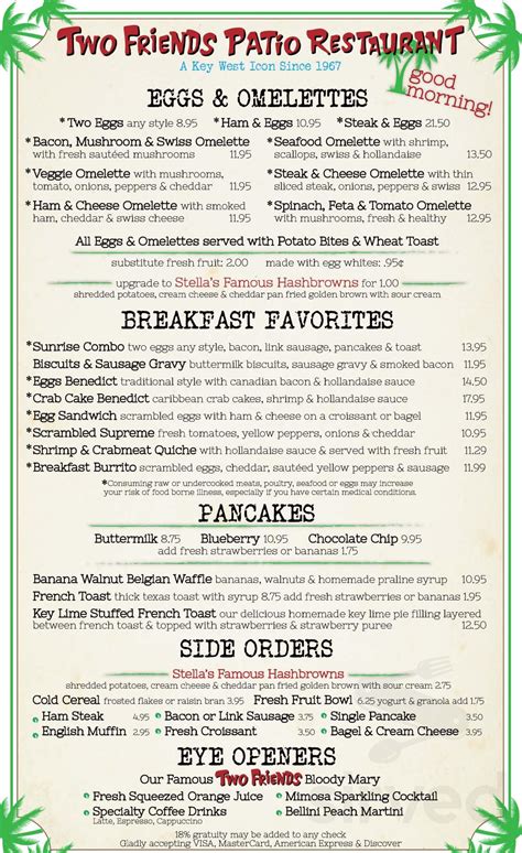 Two Friends Patio Restaurant menu in Key West, Florida, USA