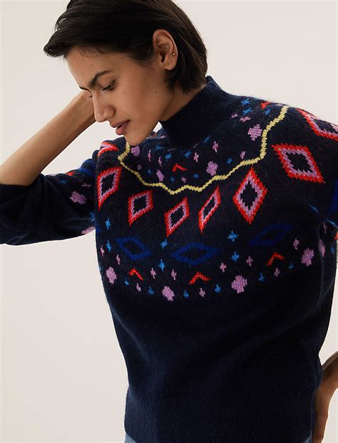 Buy Fair Isle Funnel Neck Jumper with Wool at Marks & Spencer