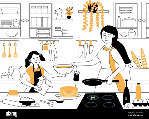 Mom daughter on kitchen. Mother cooking, girl hold bowl. Family dinner ...