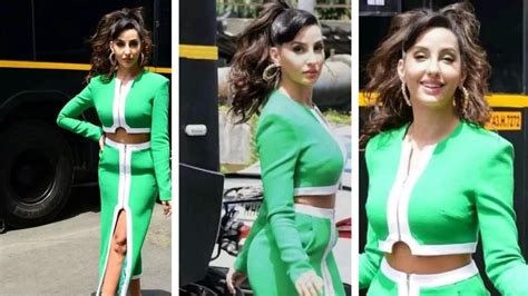 Nora Fatehi looks beautiful in classic green and white co-ord set ...