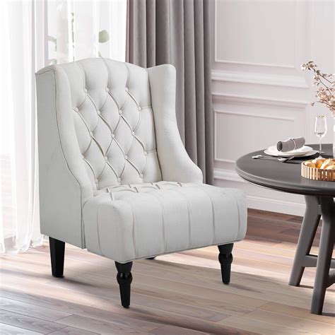 Buy HOMCOM Linen Fabric Button Tufted Wingback Accent Chair with Thick ...