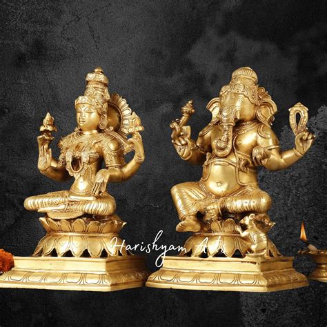 12" Designer Laxmi Ganesh Brass Idol with Fine Detailing