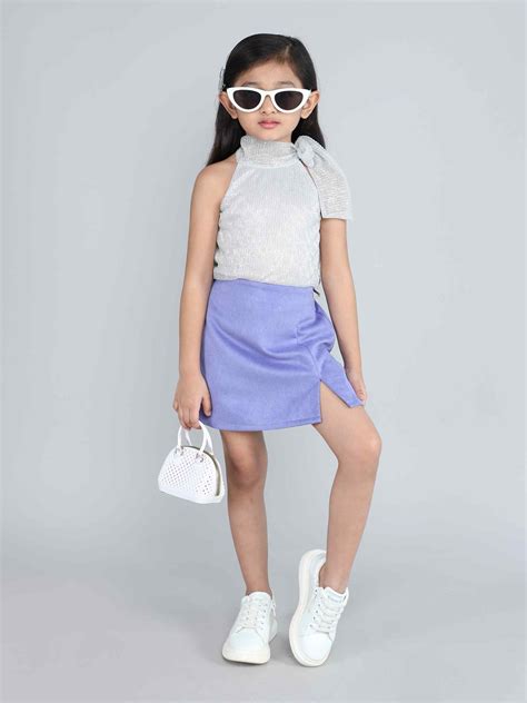 glitter pleated halter scarf neck party top and slit skirt set-Silver ...