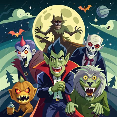 Classic Halloween monsters like vampires with fangs and capes and ...