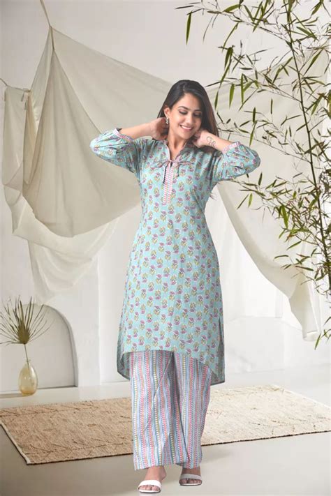 Cotton Green Floral Printed Hilo Kurta Pants Set - (Set of 2 ...