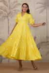 Buy Yellow Cotton Embroidery V-neck Flared Midi Dress For Women by ...