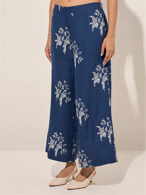 Buy Zuba Blue Floral Printed Ethnic Cotton-Blend Pants from Westside
