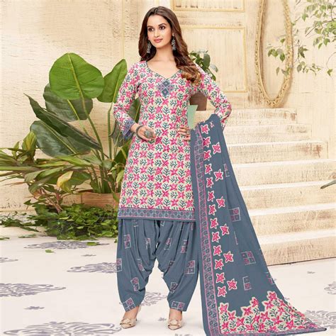 Cream Printed Pure Cotton Patiala Dress Material