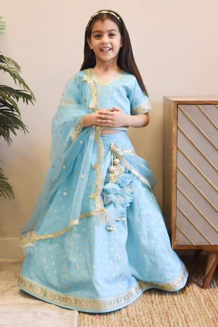 Buy Blue Chanderi, Organza Embroidery Geometric Woven Lehenga Set For ...