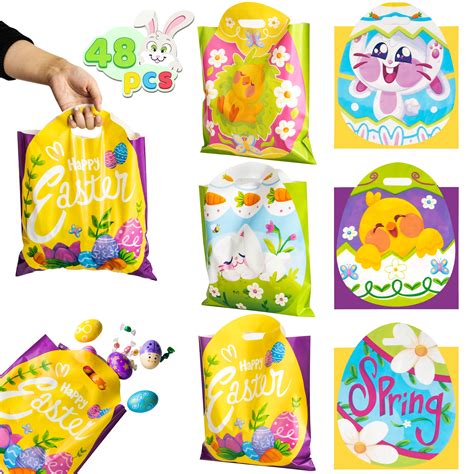 SYNCFUN 48 Pcs Easter Gift PE Bags for Kids, Large Easter Treat Tote ...