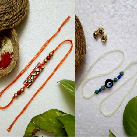 Red Square Dot Rakhi and Turquoise Evil Eye Rakhi