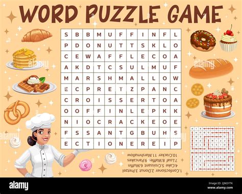 Bread, desserts and bakery word search puzzle game worksheet, kids quiz ...