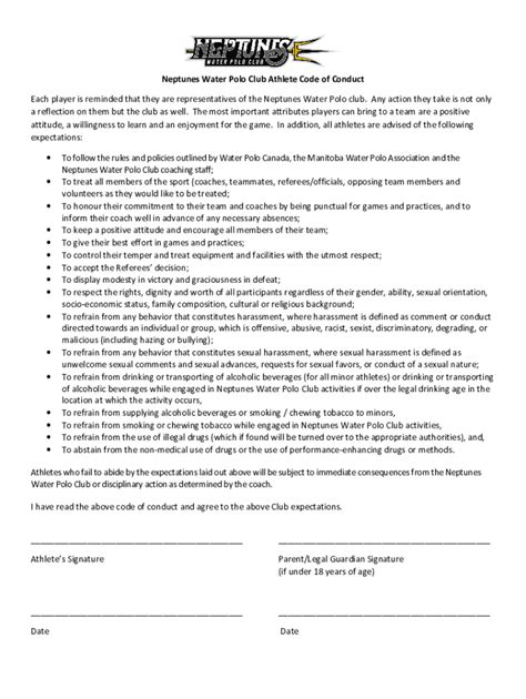 Fillable Online Neptunes Water Polo Club Athlete Code of Conduct - Sign ...