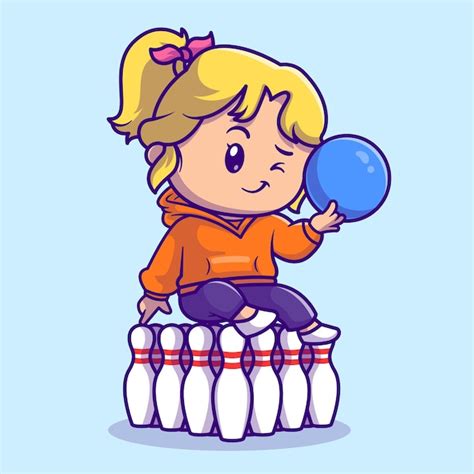 Cute girl playing bowling cartoon vector icon illustration. people ...