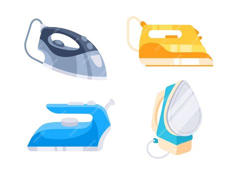 Premium Vector | Four different types of irons are shown in a row The irons are blue yellow and ...
