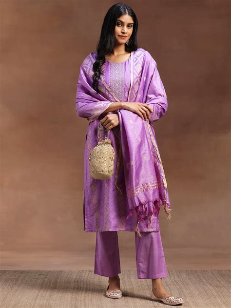 Buy Purple Woven Design Chanderi Silk Straight Suit With Dupatta Online ...