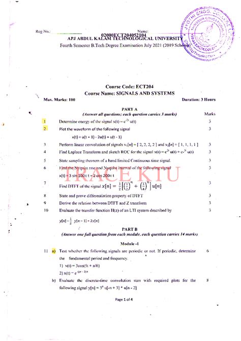 ECT204 SS JULY 2021 - qn paper - ####### Ree No.: - Max. Marks: 100 APJ ...