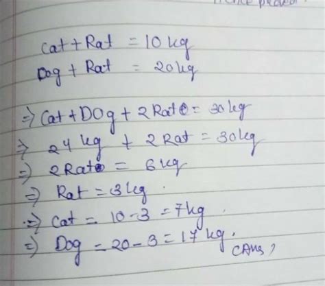 Cat+rat=10kg dog +rat=20kg. Dog+cat=24kg Dog+ cat+rast = ? kg - Brainly.in