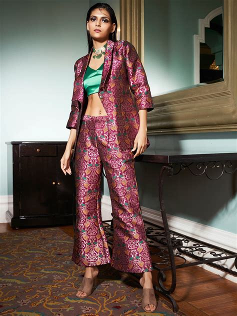 Dark Purple Jacquard Banarasi Brocade A-Line Blazer With Pant-102423