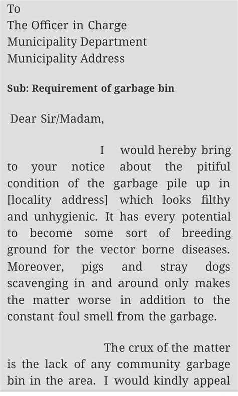 Write a letter to the municipal chairperson demanding bin your area ...