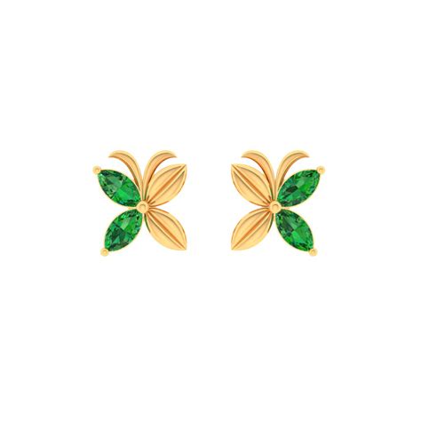 14K Gold Stud Earrings in the shape of floral Butterfly with Green ...