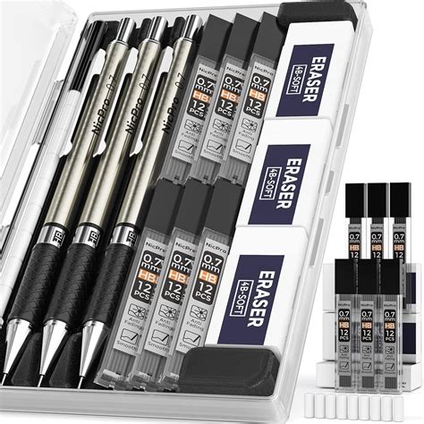 Nicpro 3 PCS Mechanical Pencils 0.7mm with Case, Metal Artist Pencil ...
