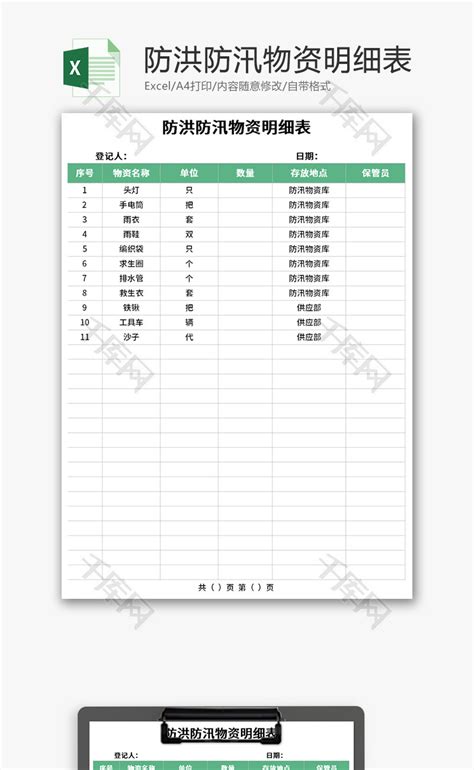 防洪防汛物资明细表Excel模板_千库网(excelID：150335)