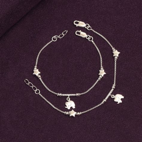 Buy 925 Sterling Silver Star & Elephant Cute Modern Anklets for Kids 4 ...