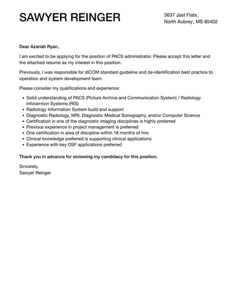 PACS Administrator Cover Letter | Velvet Jobs