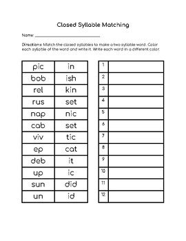 Closed Syllables Examples Worksheet 的图像结果