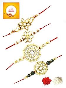 Buy Karatcart Rakhi for Brother Gold-Plated Kundan Rakhi Set of 4 with ...
