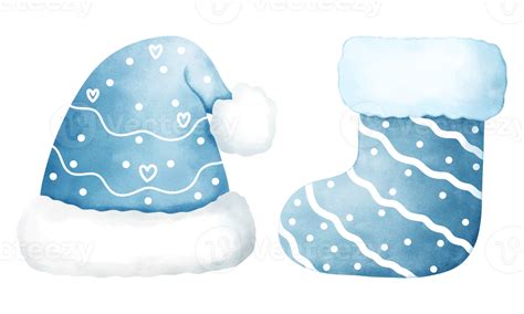 Set of watercolor blue christmas hat and sock illustration.Cute ...