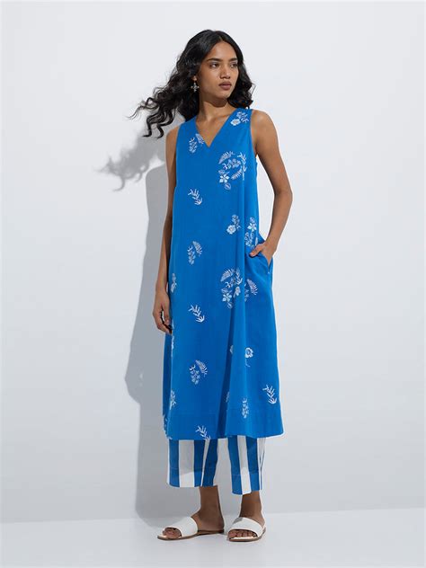 Buy Utsa Blue Floral Design A-Line Cotton-Blend Kurta from Westside