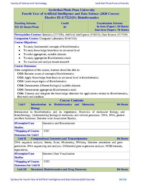 Elective III 417523(D): Bioinformatics Syllabus Overview - Studocu