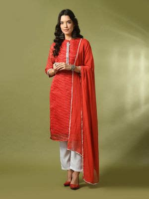 Buy MYSHKA Red Gota Straight Kurta Pant with Dupatta (Set of 3) Online