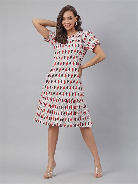 White Pure Cotton Ikkat Printed A-line Dress