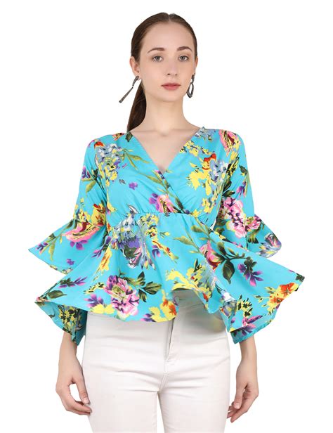 Emeros Women Turquoise Floral Print Swing, Wrap Top