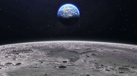 Cinematic planet earth view from the moon surface. Starry space in the background. Travel across ...
