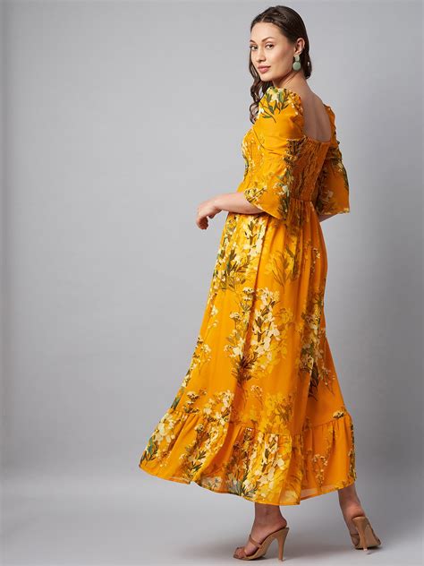 Women's Puff Sleeve Smocked Floral Maxi Dress- Yellow – Stylestone