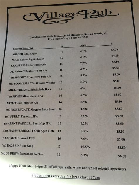 Menu at Village Pub, Saint Anthony, Highway 88