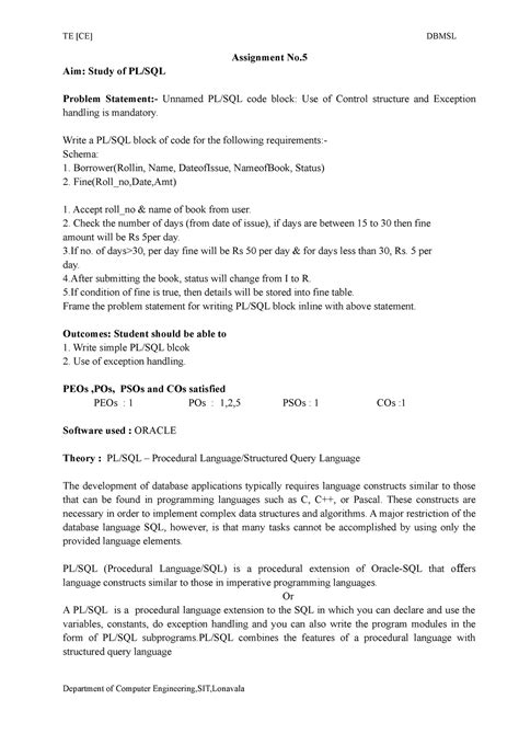 DBMS Assignment No5 - DBMS - Assignment No. Aim: Study of PL/SQL ...
